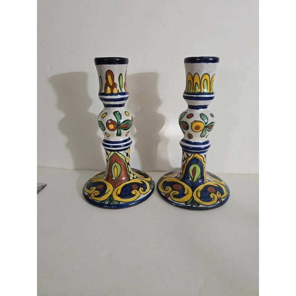 Vintage Hand Painted Ceramic Candlestick Holders Set of 2 Majolica Style‎ 7.5